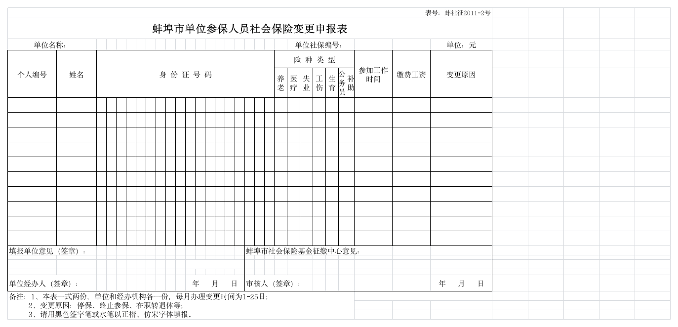 蚌埠市单位参保人员社会保险变更申报表