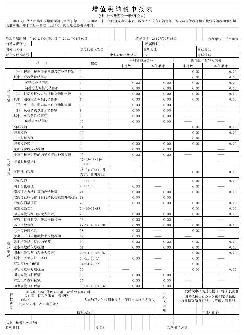 空白增值税申报表