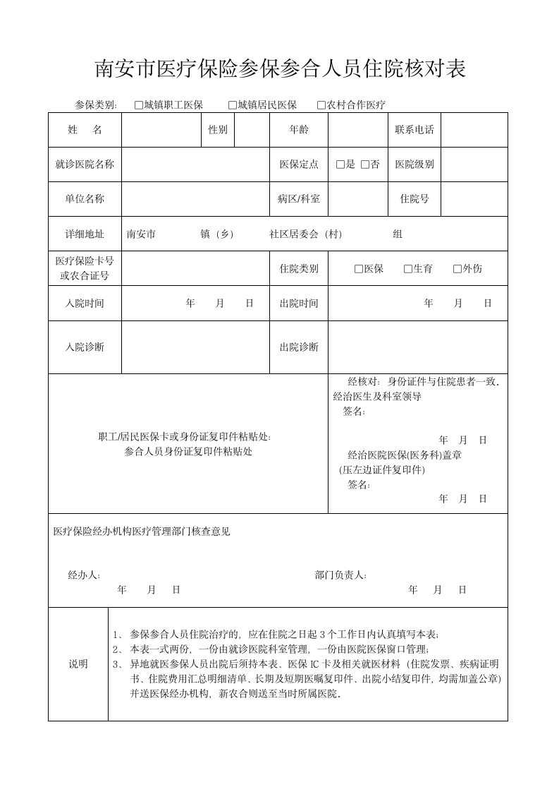 南安市医疗保险参保参合人员住院核对表