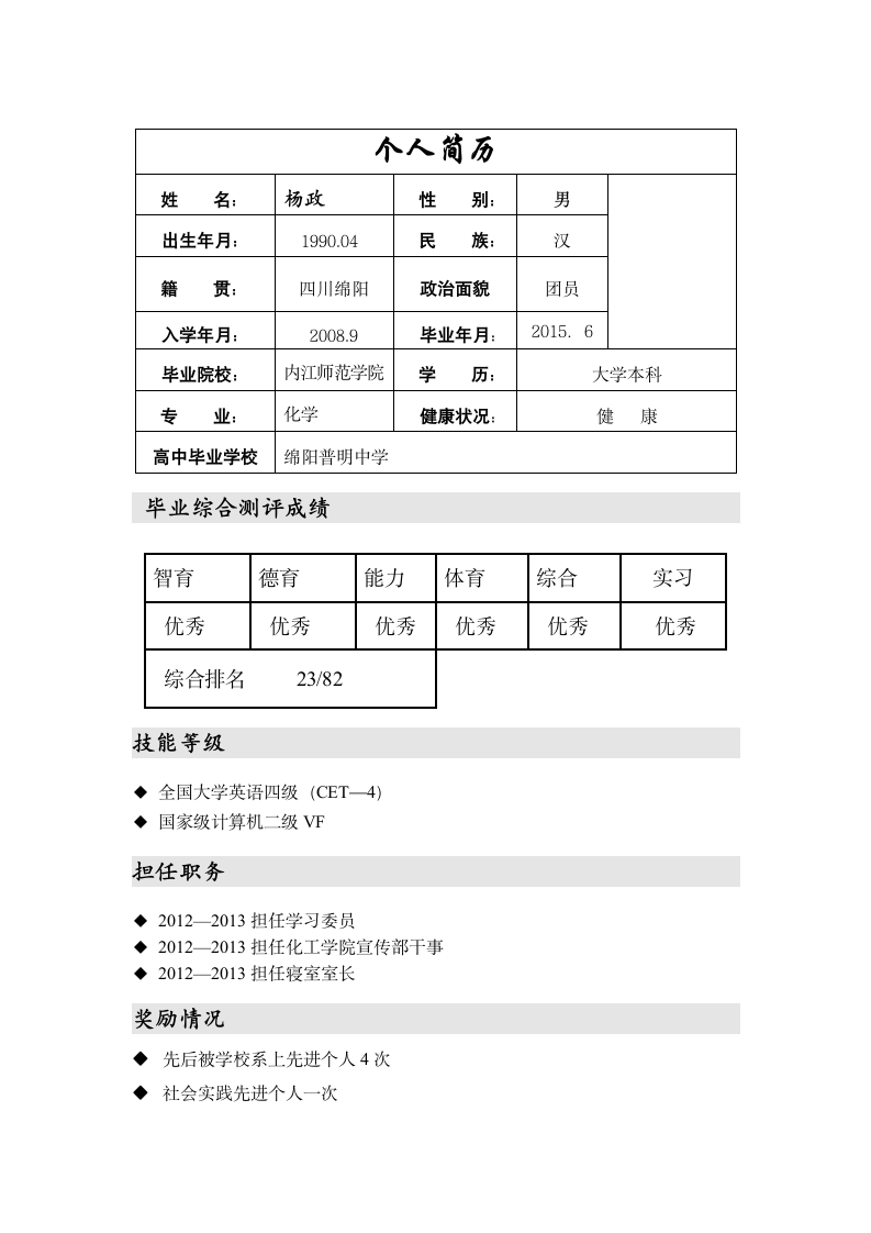 师范生个人简历模板第1页