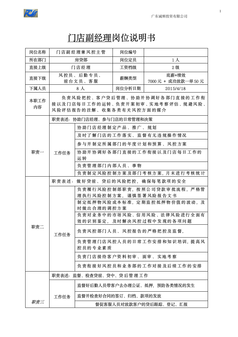 门店副经理岗位说明书第1页