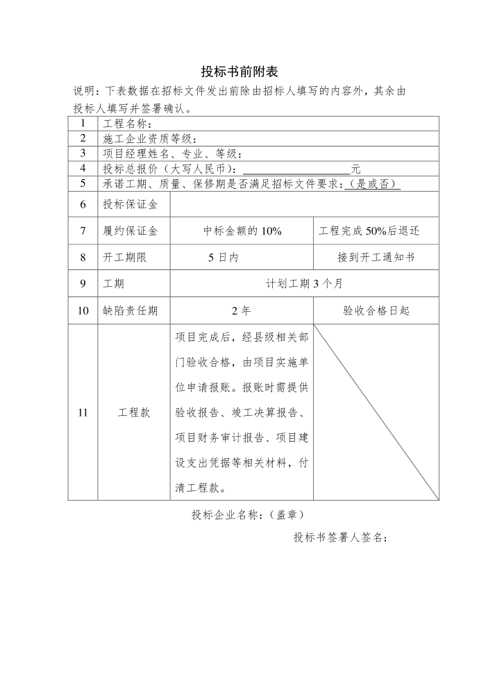 投标书前附表