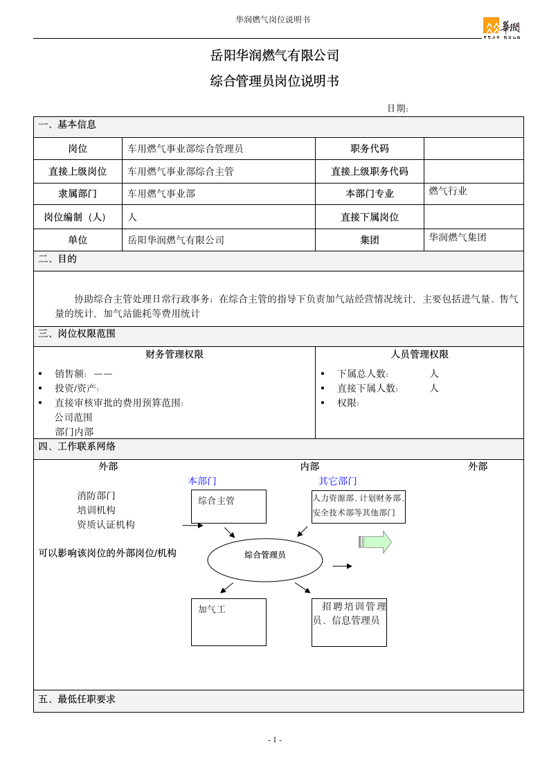 岗位说明书-综合管理员