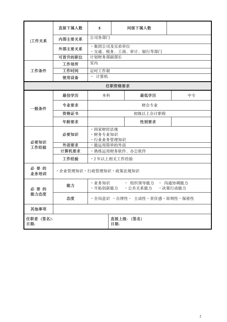 财务主管岗位说明书1第2页