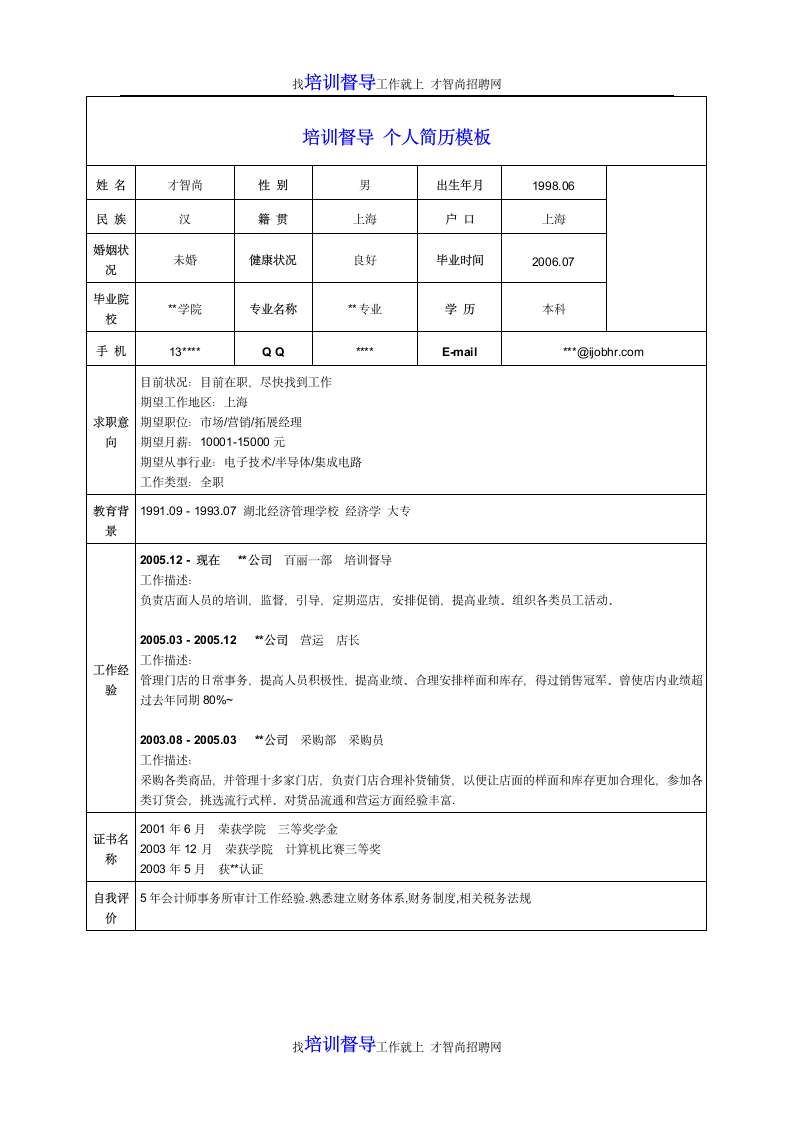 培训督导个人简历模板