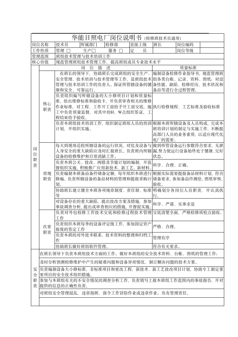 检修部技术员岗位说明书