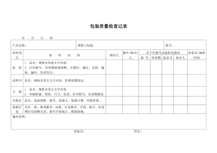 包装质量控制记录