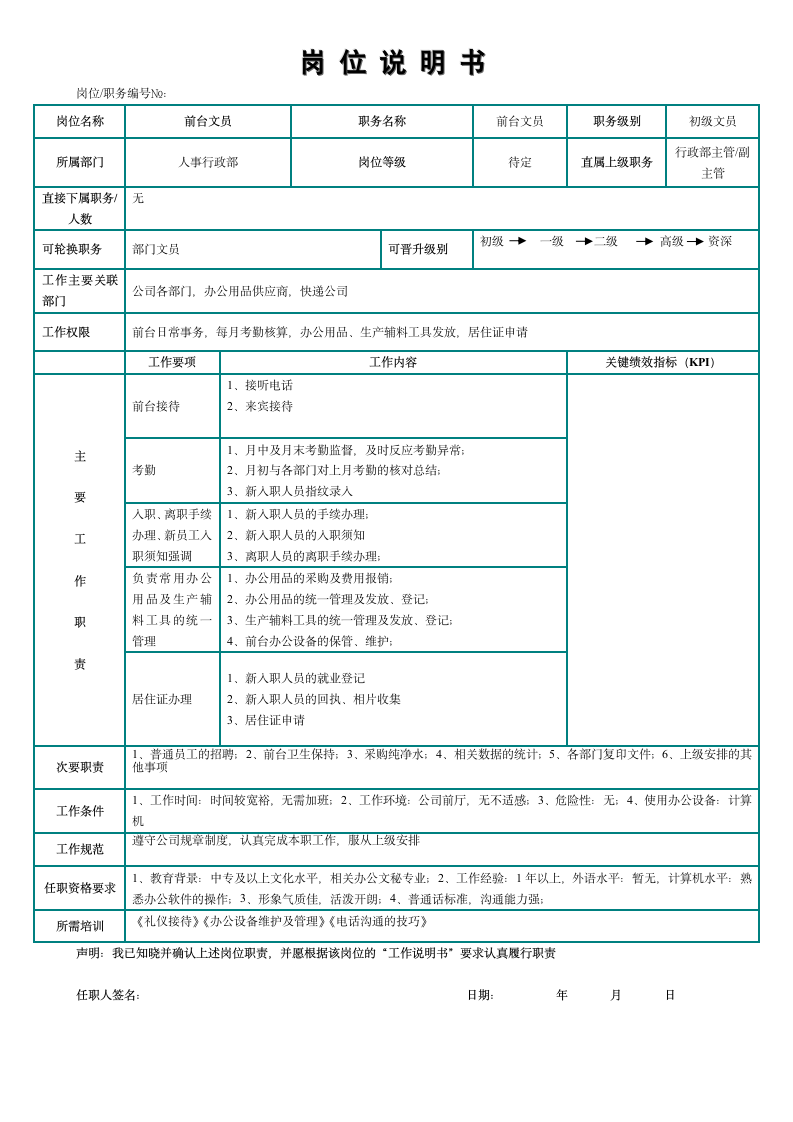 前台文员岗位说明书第1页