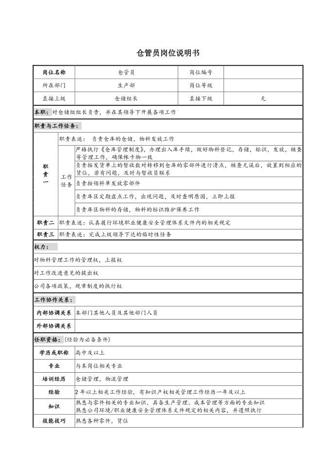 仓管员岗位说明书