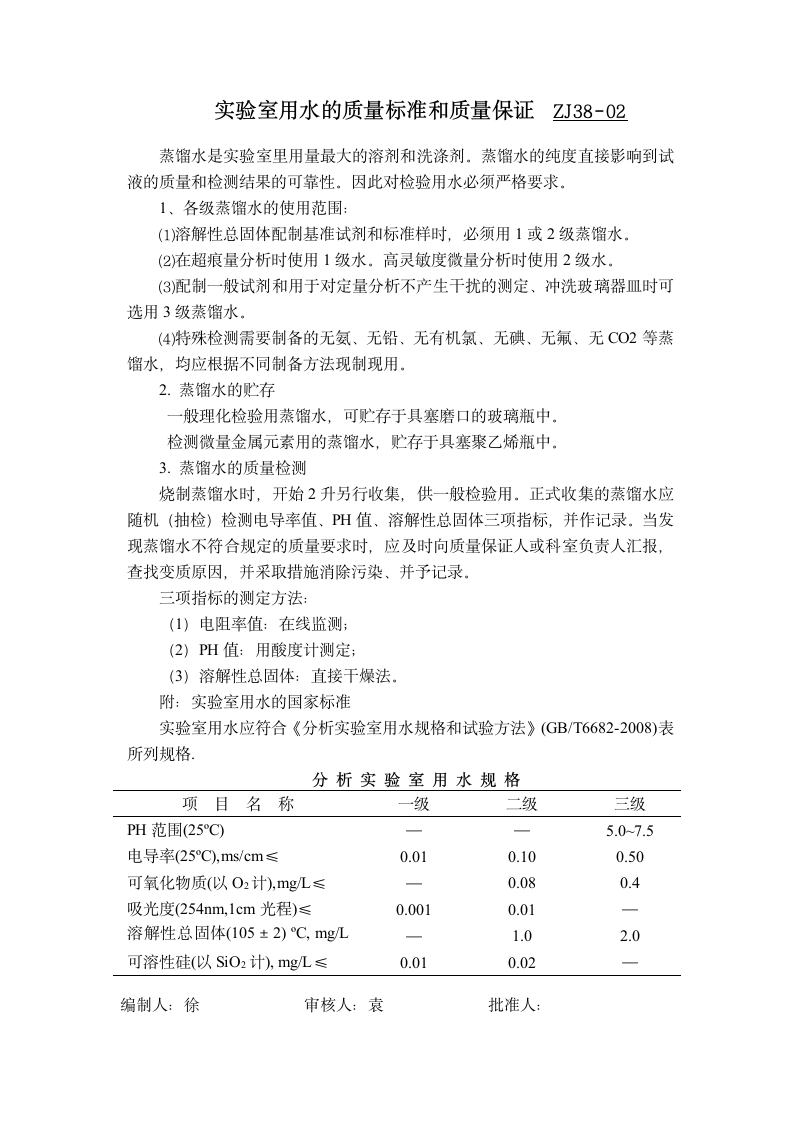 实验室用水的质量标准和质量控制