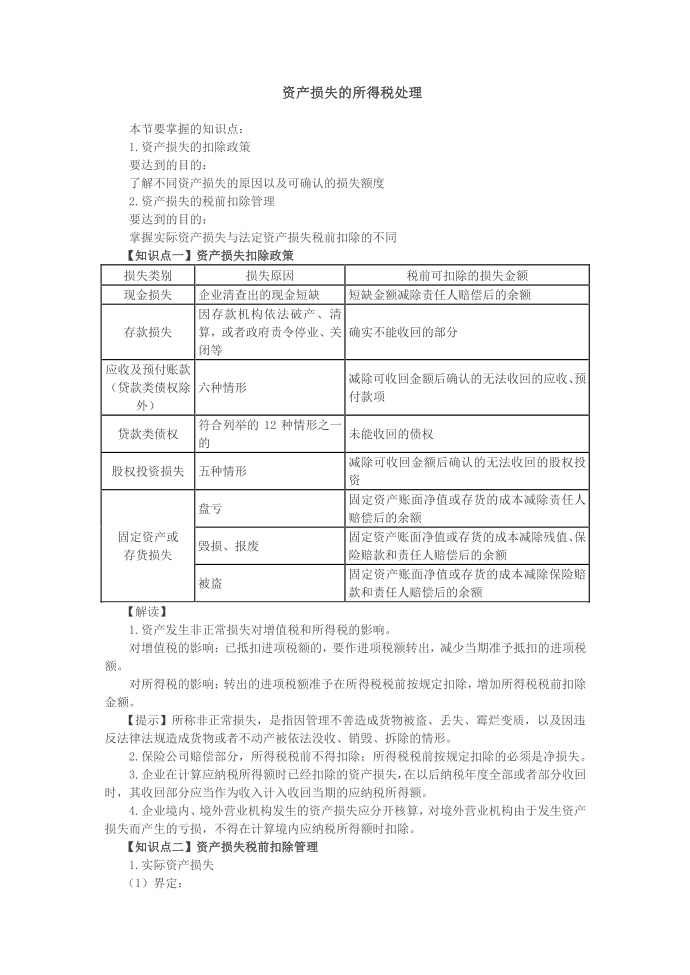 注会企业所得税资产损失的所得税处理