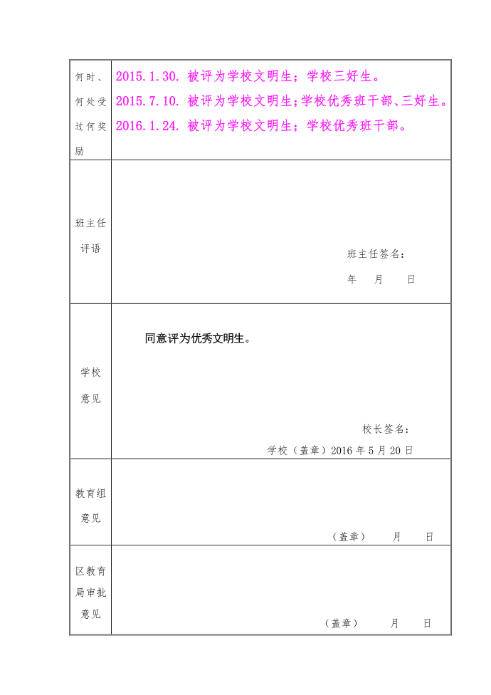 文明班集体登记表、文明生登记表第3页