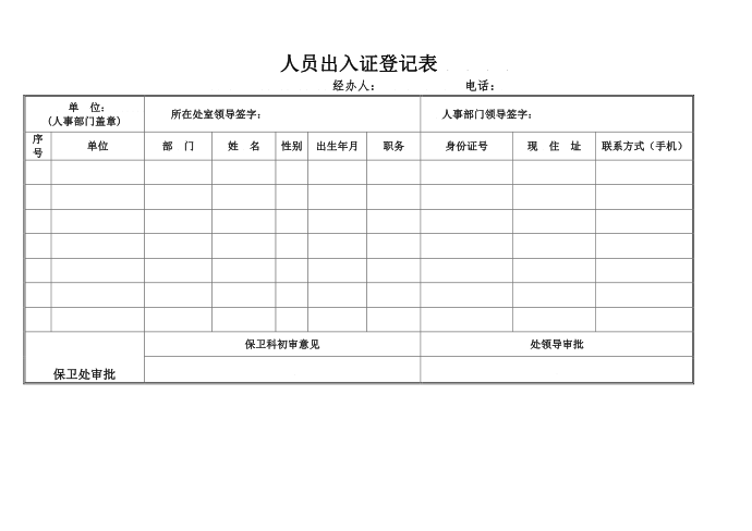 人员出入证登记表 （大门登记表）第1页