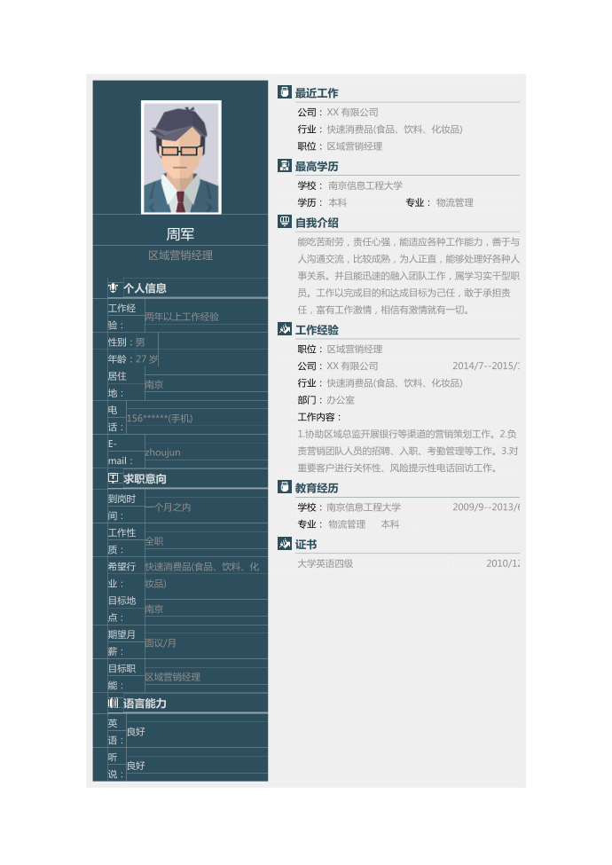【简历模板】区域营销经理求职简历模板第1页