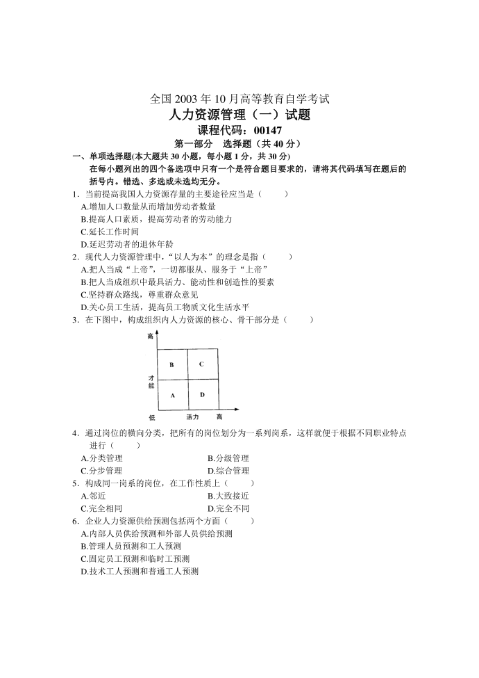 人力资源管理一试卷2003.10第1页