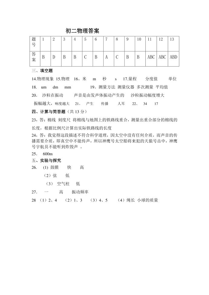 初二物理试卷和答案第5页