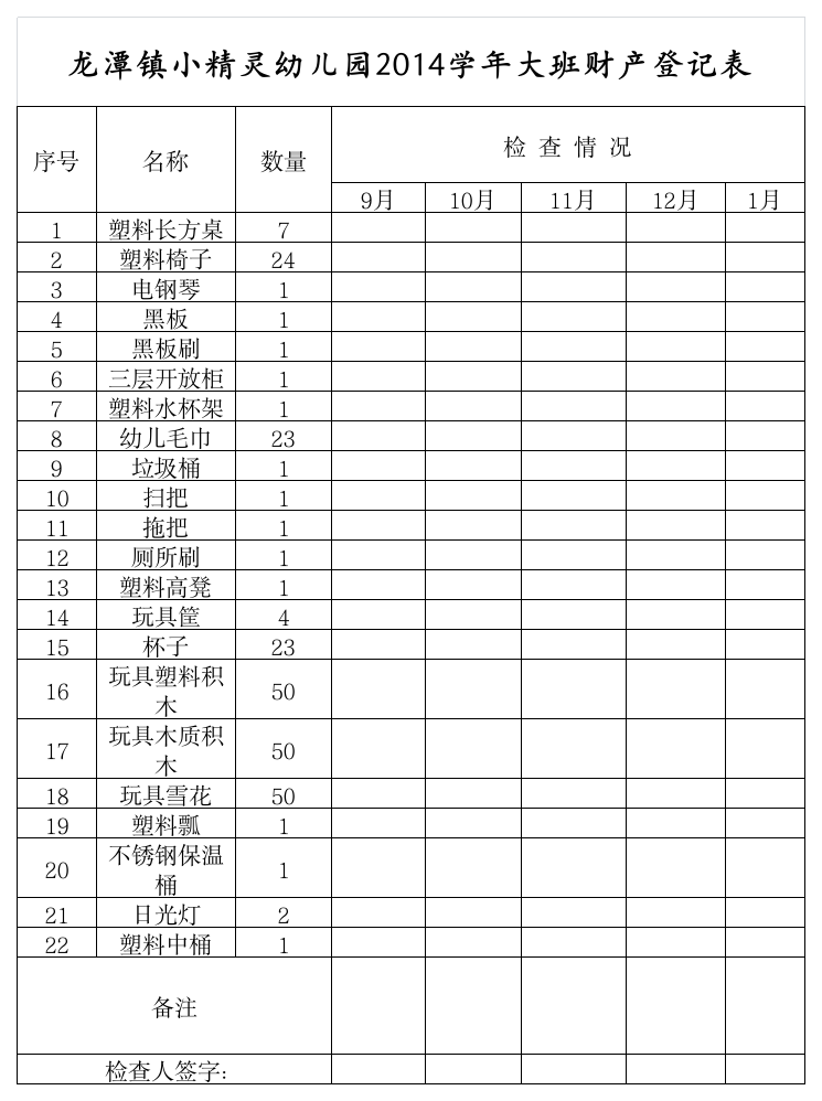 幼儿园大班财产登记表