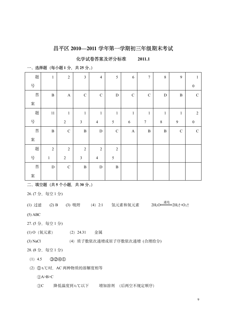 初三化学期末试卷第9页