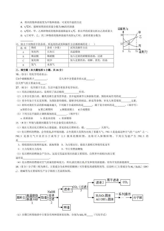 初三年级化学试卷第2页