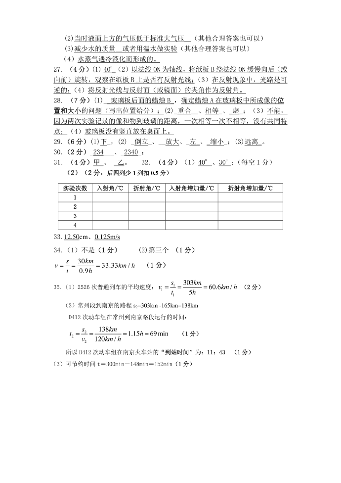 2012初二物理期末测试卷(答案)第2页