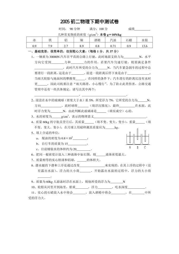 2005初二物理下期中测试卷