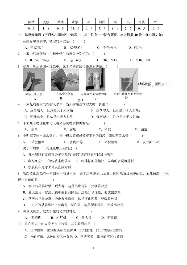 初二物理上册期末试卷及答案 2第1页