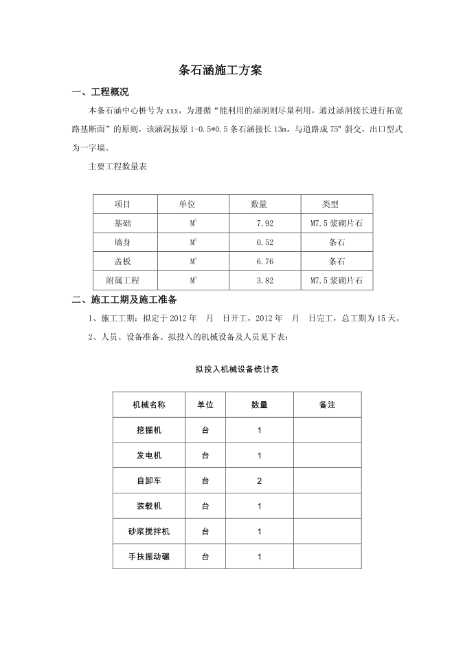 施工方案-雨季--条石涵施工方案