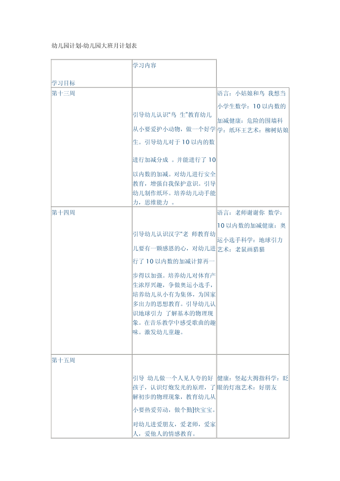 幼儿园计划-幼儿园大班月计划表第1页