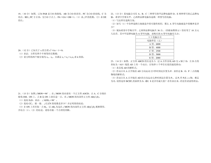 初三数学摸底试卷第2页