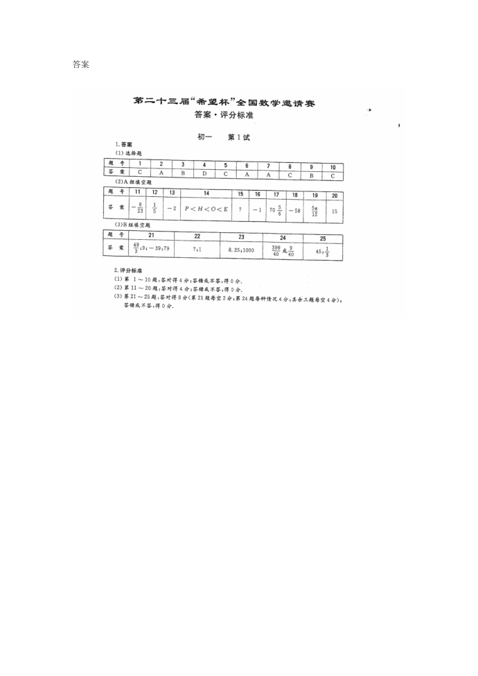 第23届希望杯全国数学邀请赛初一试卷及答案第3页