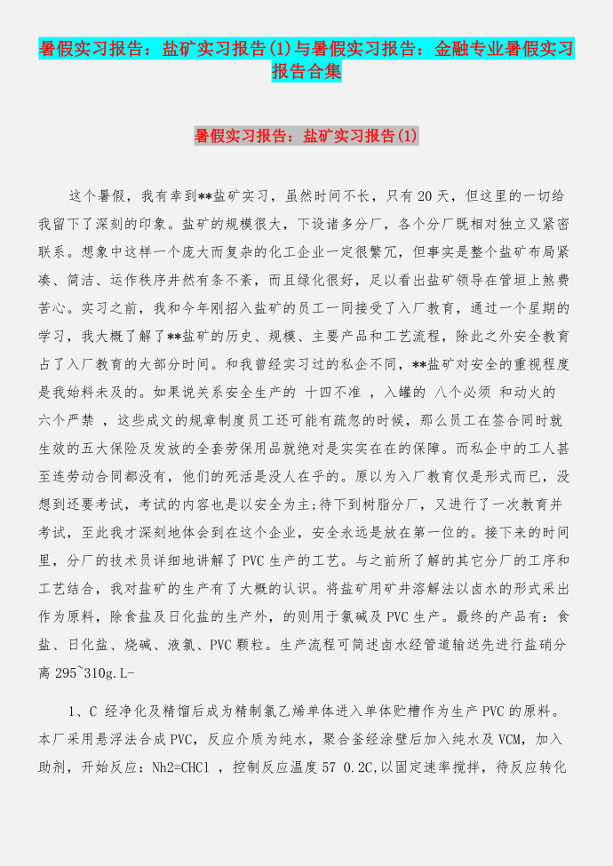 暑假实习报告：盐矿实习报告(1)与暑假实习报告：金融专业暑假实习报告合集第1页