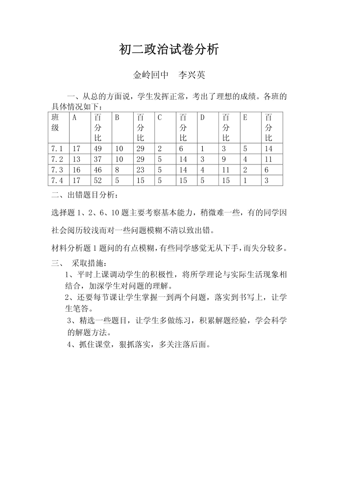 初二政治试卷分析第1页