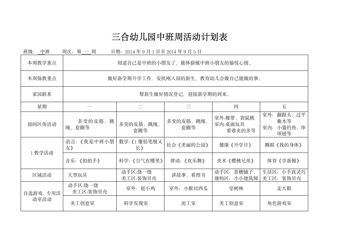 幼儿园中班周计划表第1页