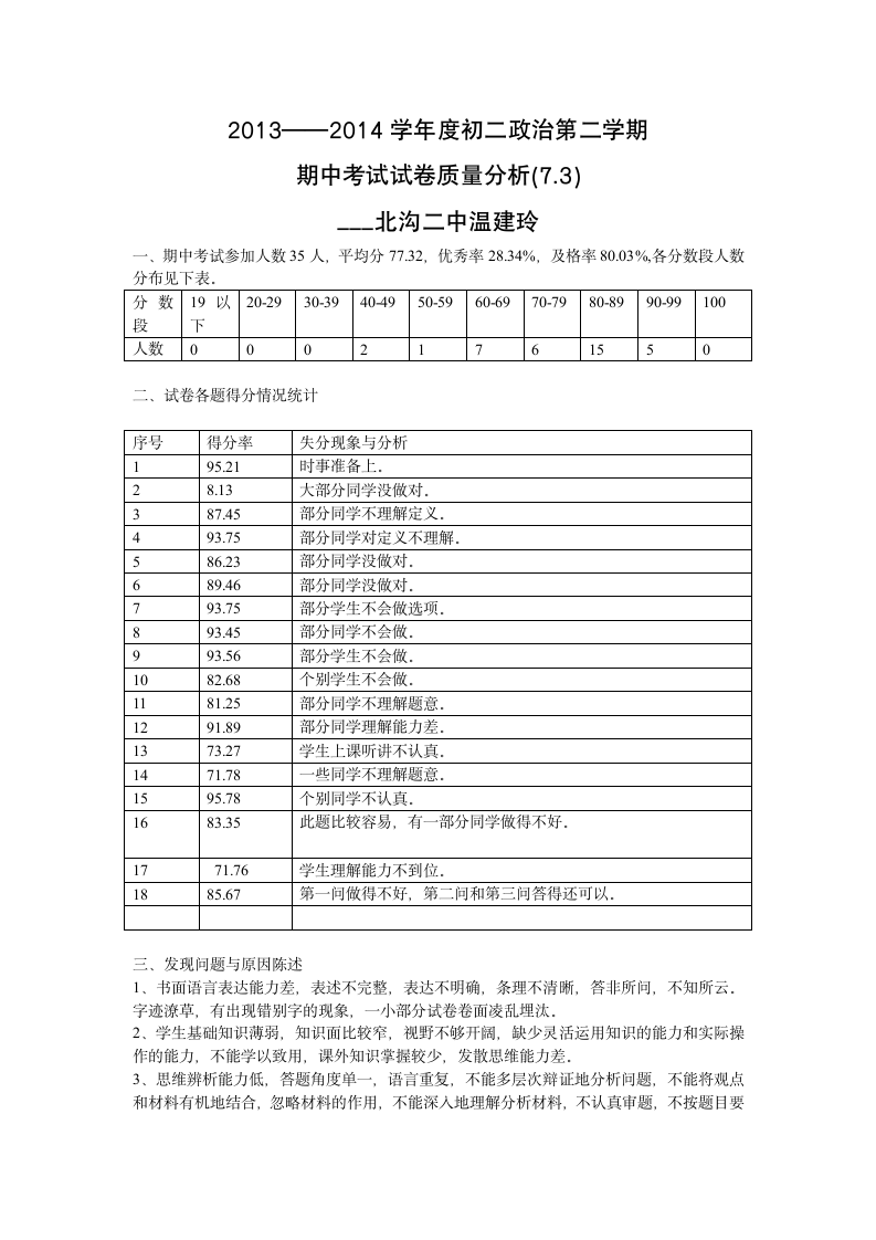 初二政治试卷分析7.3第1页