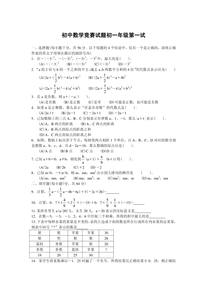 初中数学竞赛试题初一年级第一试第1页