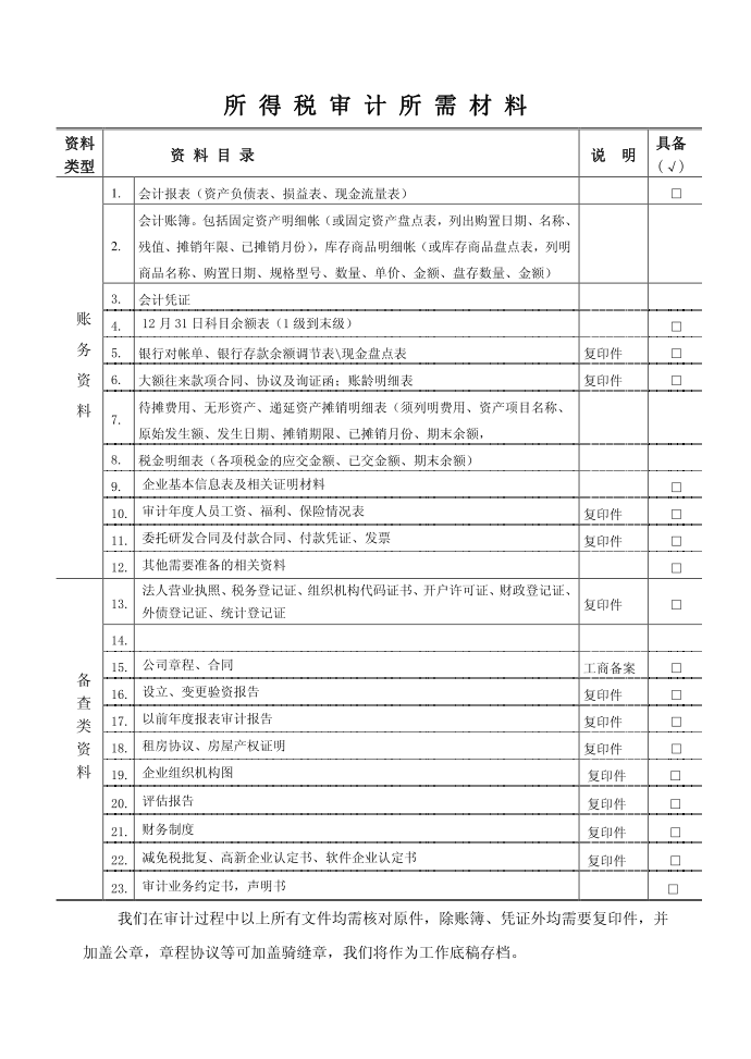 所得税审计所需材料第1页