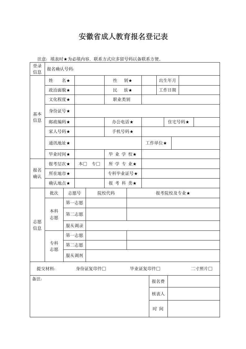 成人高考报名表第1页