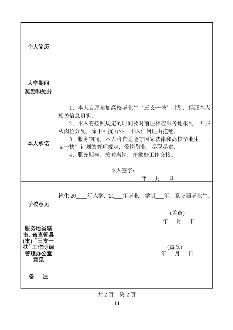 三支一扶报名表第2页