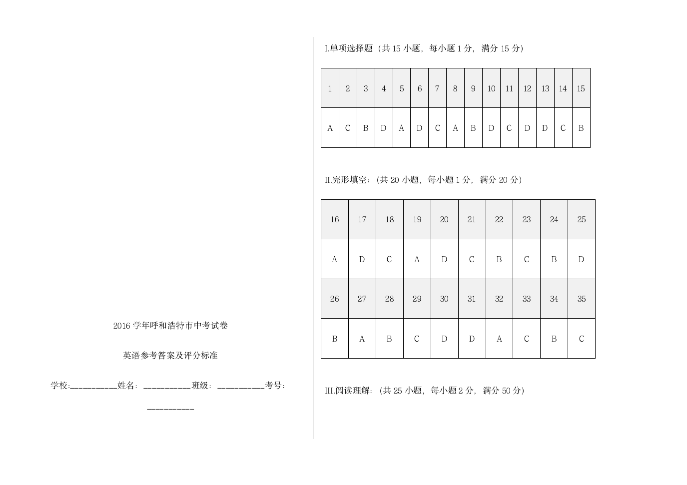 呼和浩特市中考英语试题答案第14页