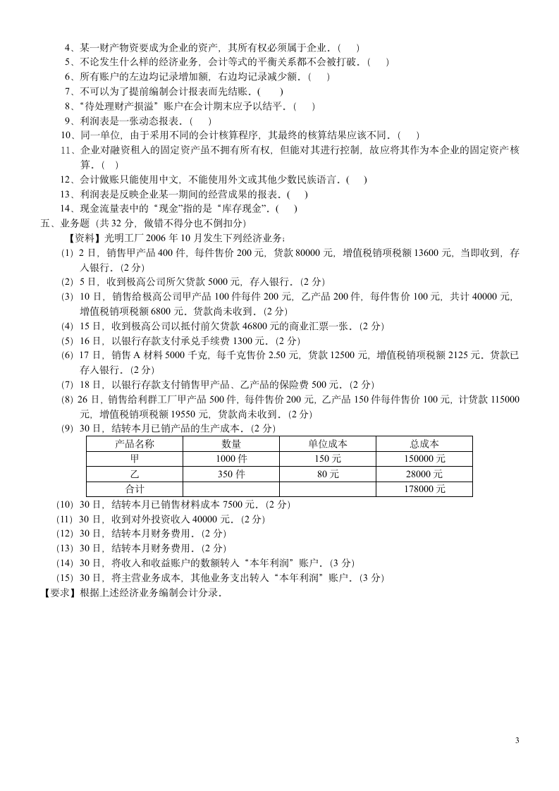 期末考试试题----基础会计第3页