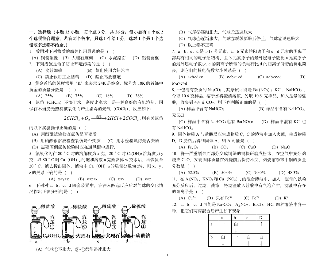 初中化学竞赛试题第1页