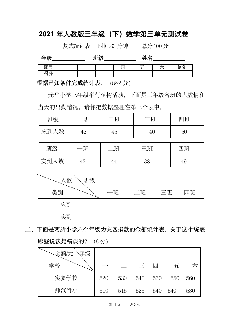 2021年人教版三年级（下）数学第三单元测试卷（含答案）.doc