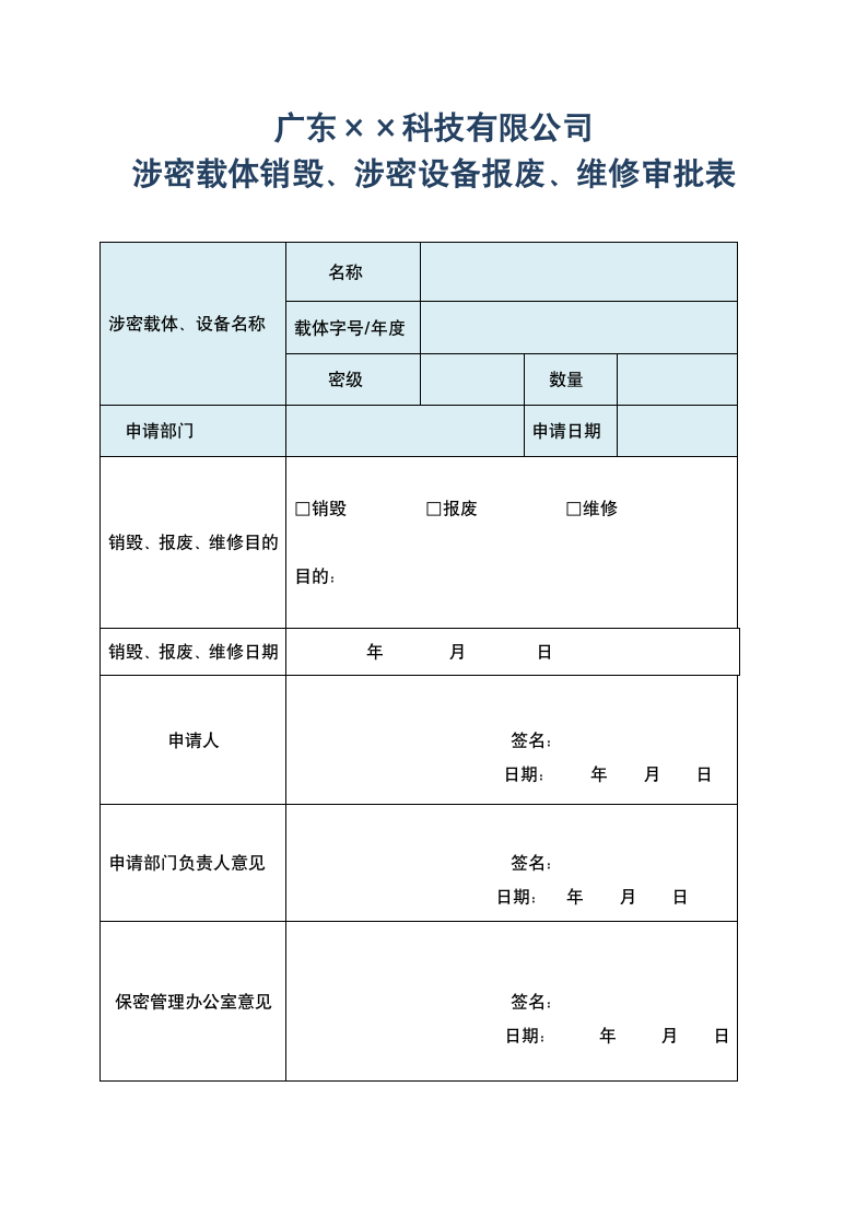 涉密载体销毁、涉密设备报废、维修审批表—国家涉密资.docx