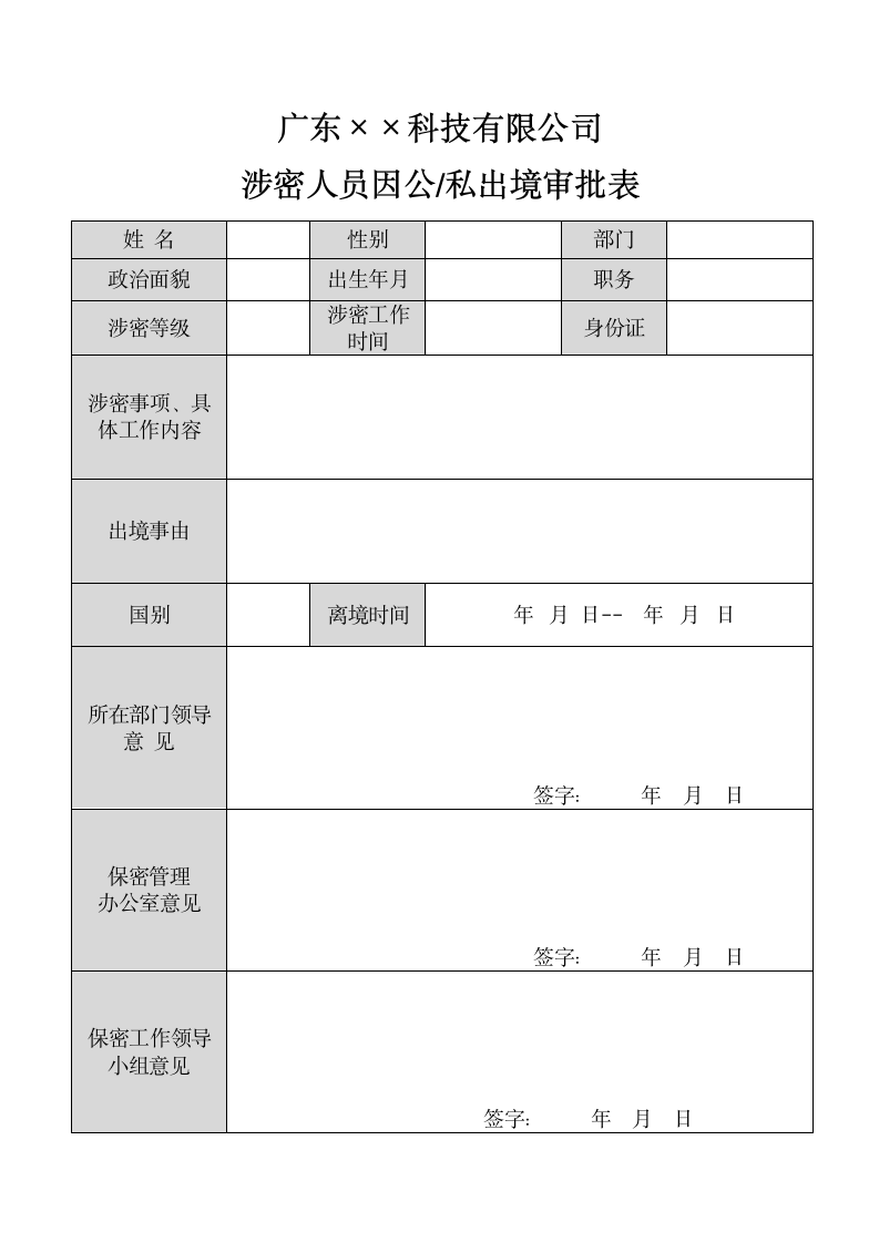 涉密人员因公、私出境审批表和承诺书-国家保密资质.docx第1页