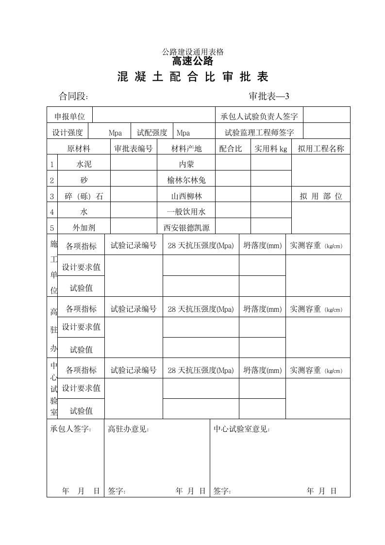 高速路公路建设混凝土配合比审批表.doc