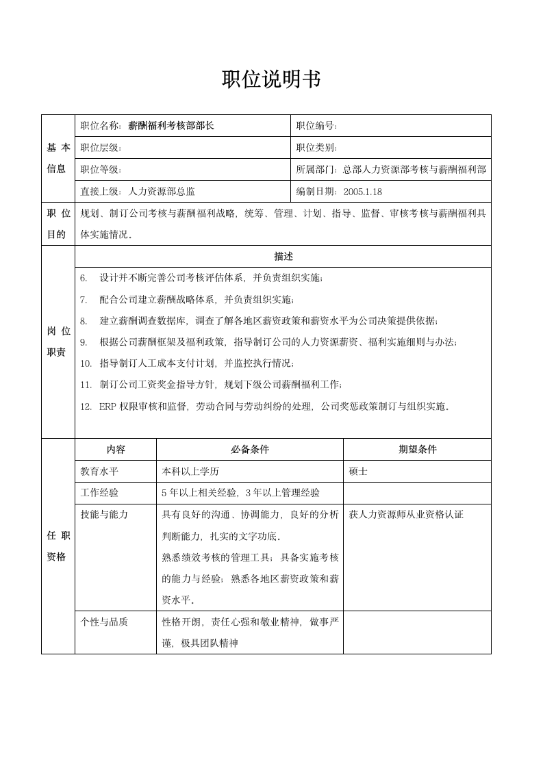 人资规划-XX公司总部人力资源部职务说明书.doc第8页