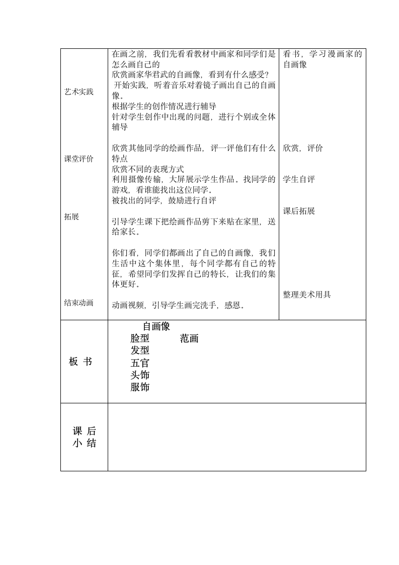 人美版（北京） 一年级下册美术 第13课  自画像 教案（表格式）.doc第3页