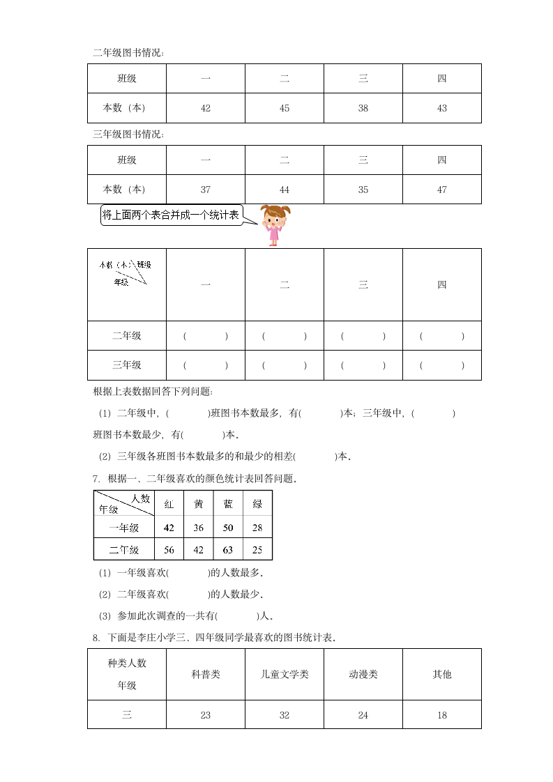 人教版 三年级下册数学 第三单元复式统计表 同步练习（含答案）.doc第2页