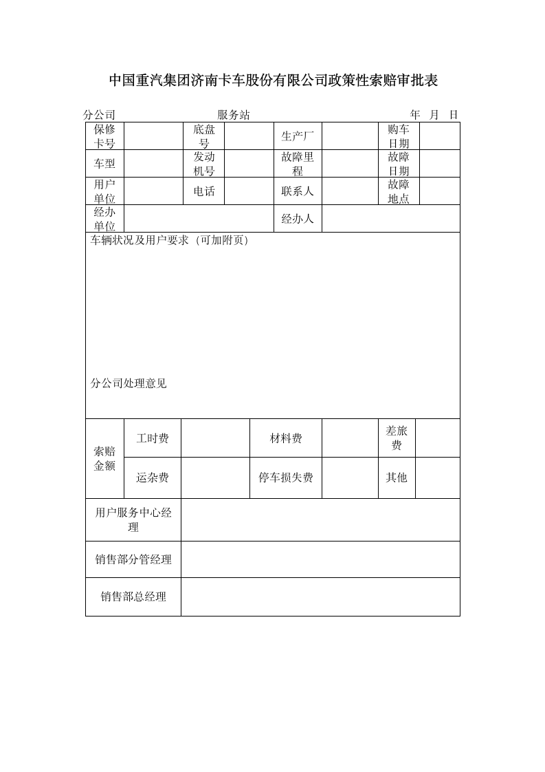 中国重汽集团济南卡车股份有限公司政策性索赔审批表.doc