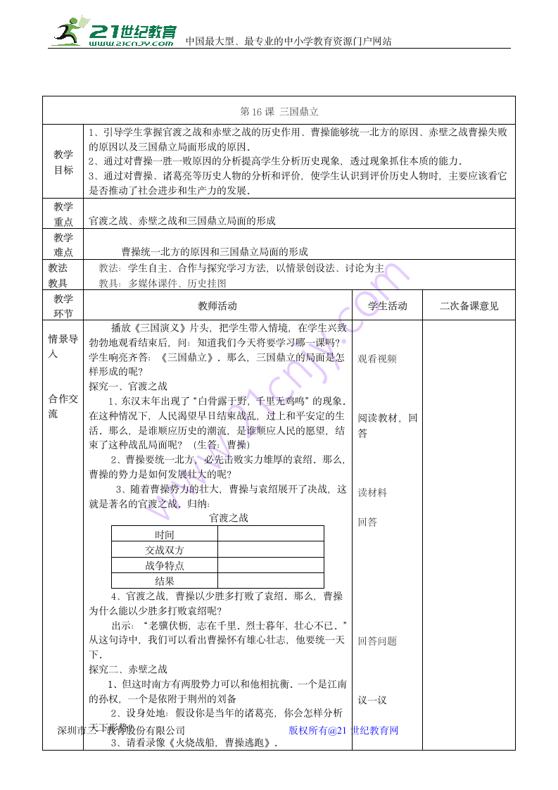 人教版七年级历史上册　第16课三国鼎立　教案.doc第1页